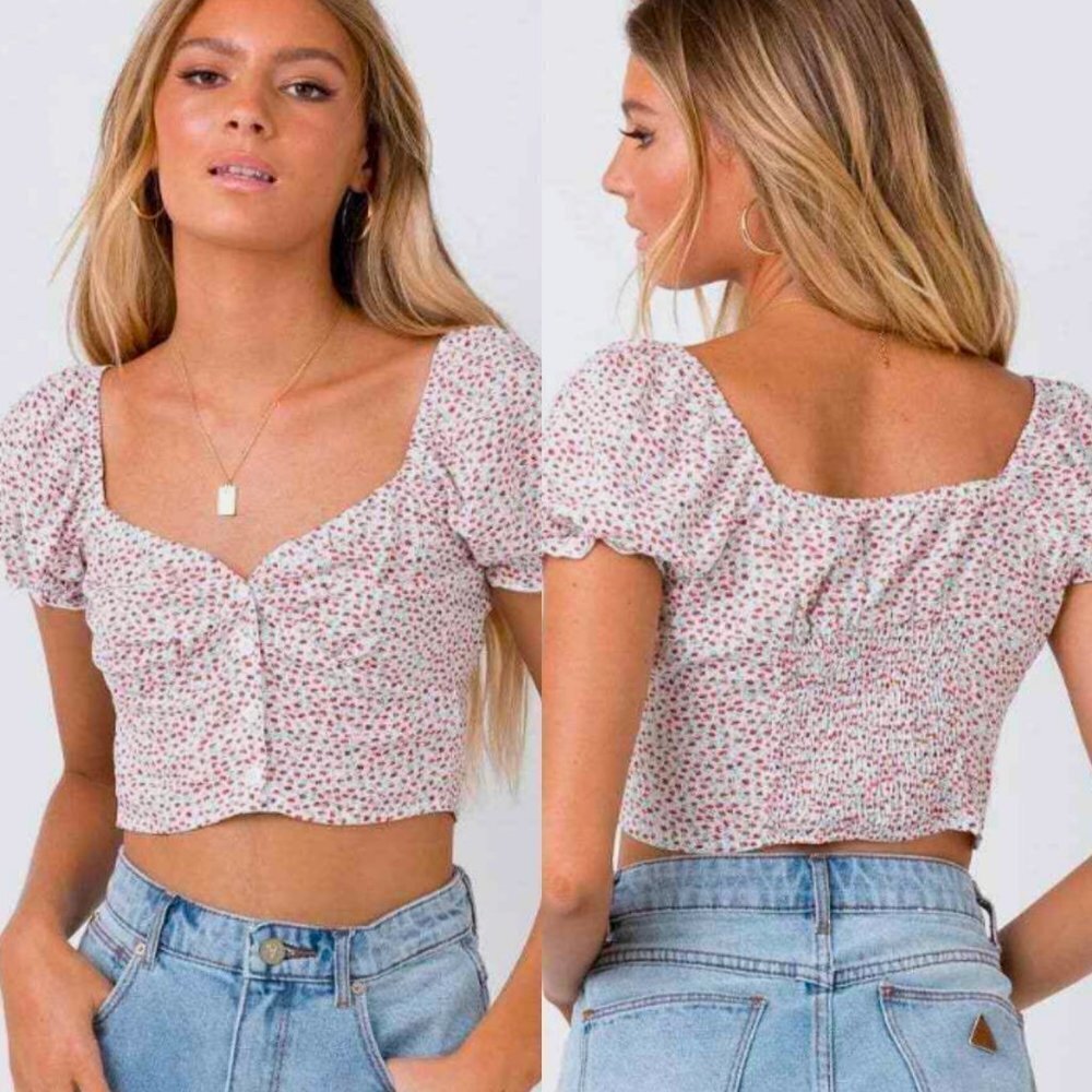 🦋 PAPER CLOSET Pink Floral Crop Top Smocked Ruffle XS Cottage Coquette Cute